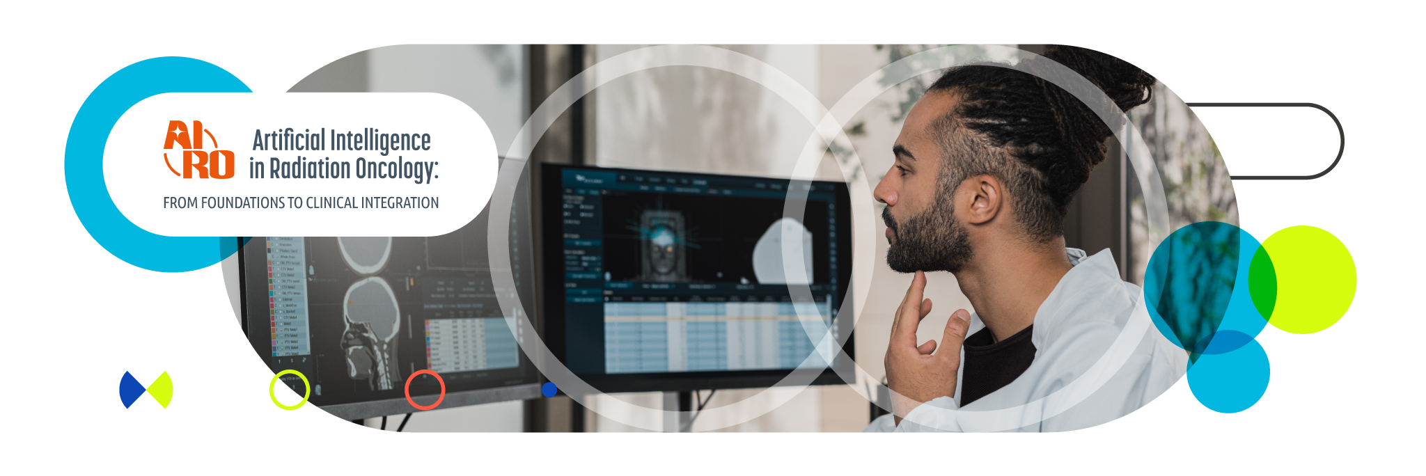 Banner image for "Artificial Intelligence in Radiation Oncology" featuring a clinician reviewing medical imaging on a dual-monitor workstation.